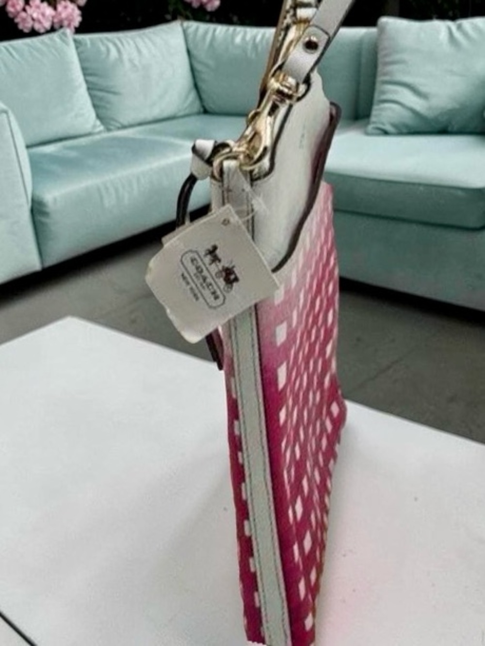 New! COACH Pink Ruby Ombre Gingham Saffiano Leather Swingpack Crossbody (NWT) - Picture 8 of 9